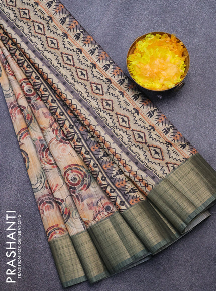 Semi matka saree beige and green with allover floral prints and zari woven border