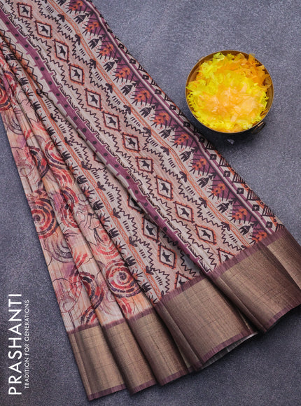 Semi matka saree beige and brown with allover floral prints and zari woven border