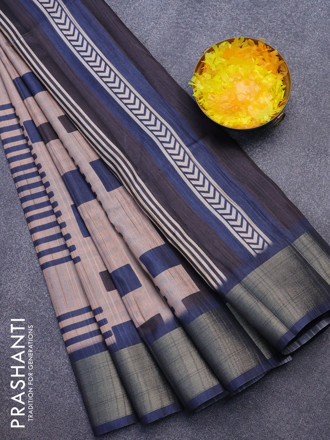 Semi matka saree beige and navy blue with allover geometric prints and zari woven border