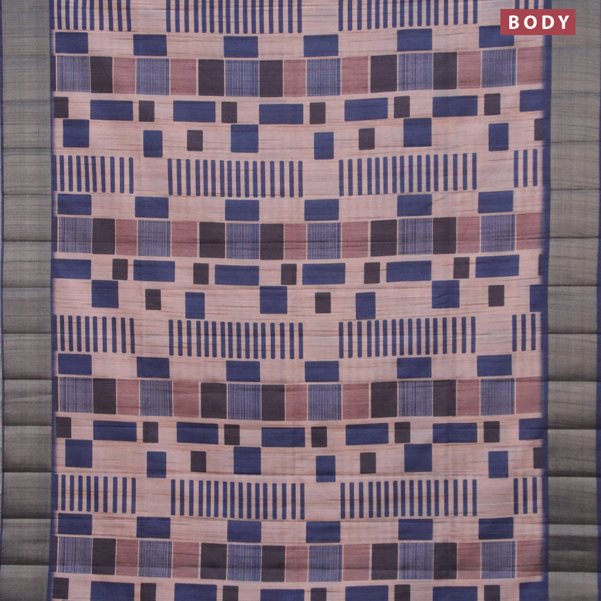 Semi matka saree beige and navy blue with allover geometric prints and zari woven border