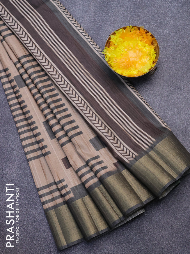 Semi matka saree sandal and dark green with allover geometric prints and zari woven border