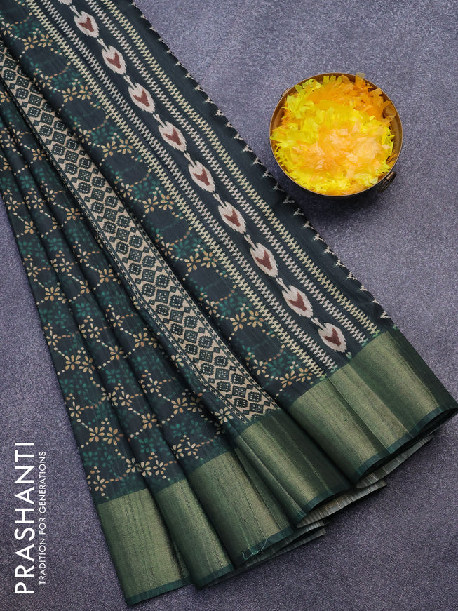 Semi matka saree dark green with allover prints and zari woven border