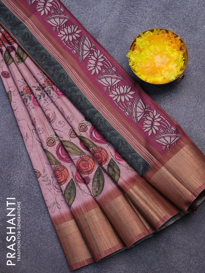 Semi matka saree pastel pink and brown with allover prints and zari woven border