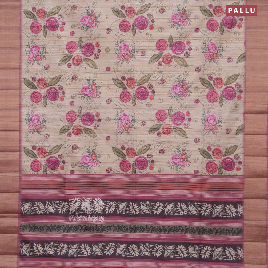 Semi matka saree beige and pastel pink with allover prints and zari woven border
