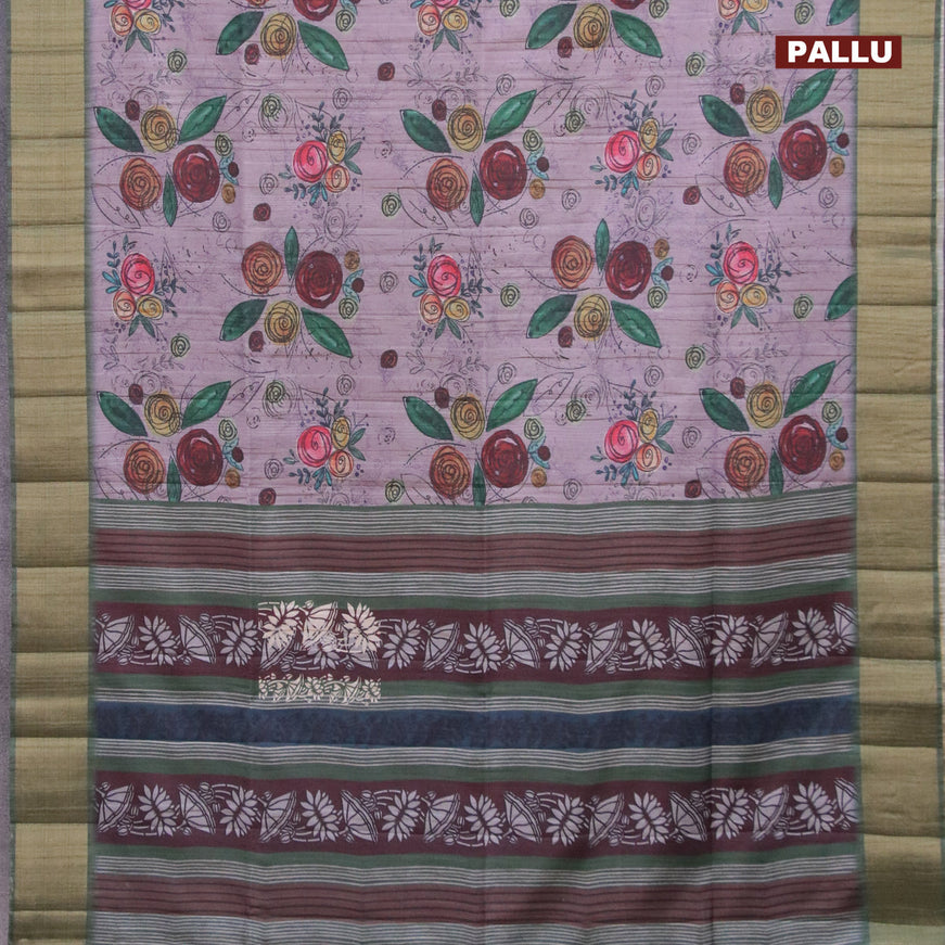 Semi matka saree pastel purple and green with allover prints and zari woven border