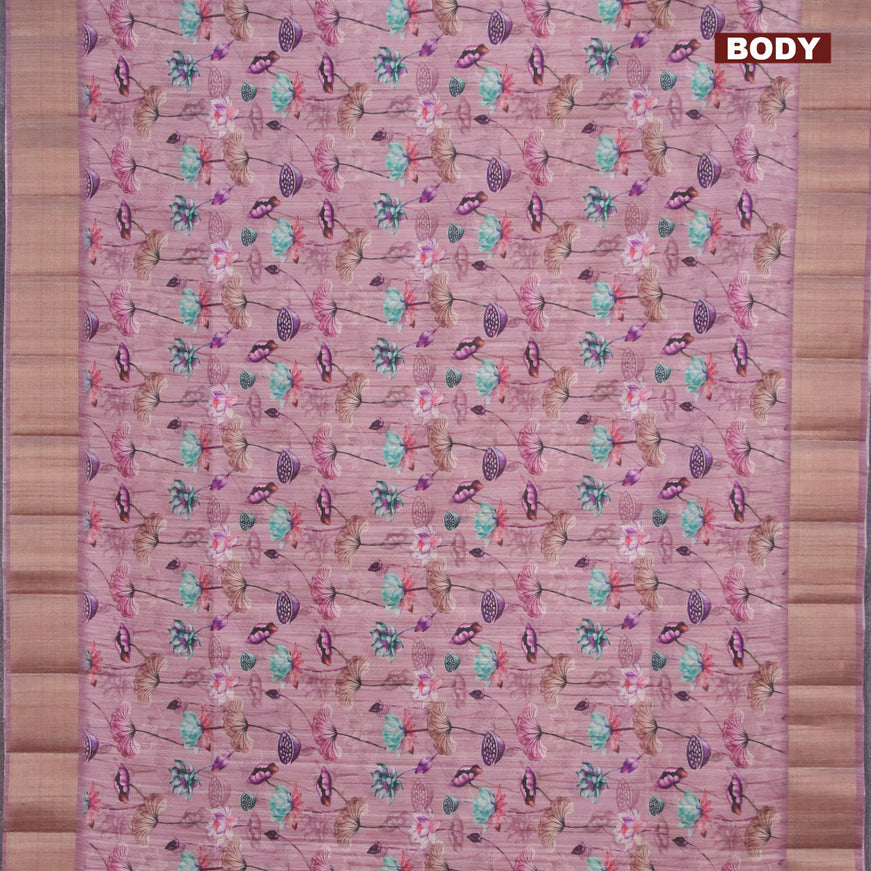 Semi matka saree mauve pink with allover floral prints and zari woven border