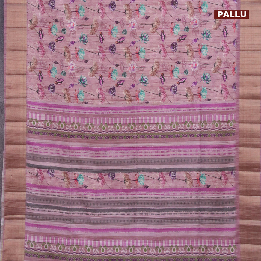 Semi matka saree mauve pink with allover floral prints and zari woven border
