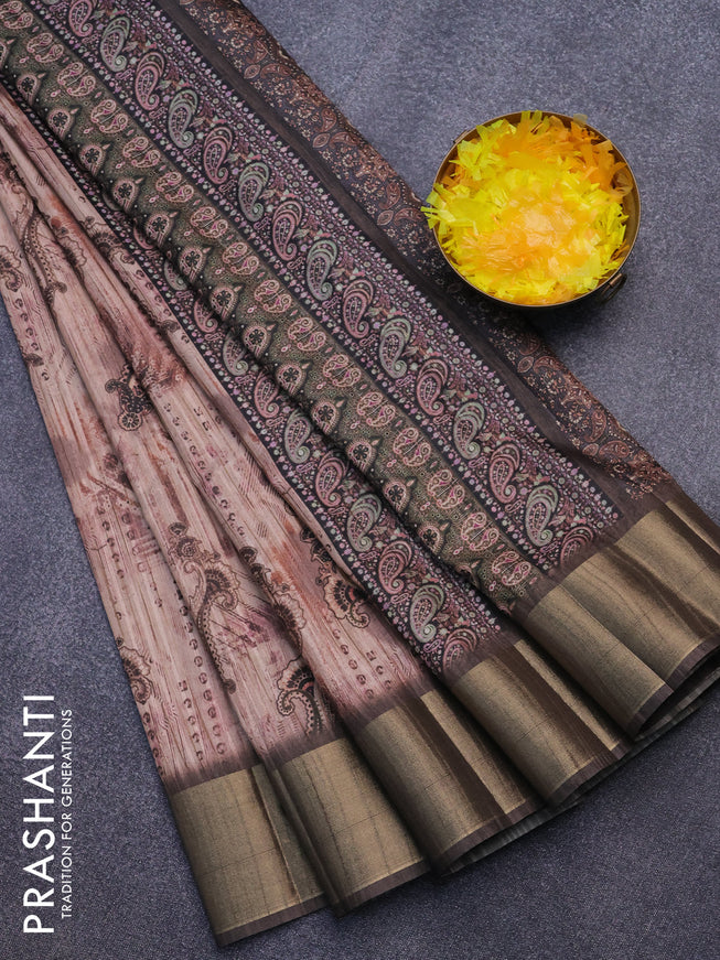Semi matka saree peach shade and brown with allover prints and zari woven border
