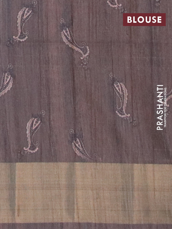 Semi matka saree peach shade and brown with allover prints and zari woven border