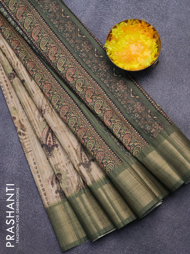 Semi matka saree beige and dark green with allover prints and zari woven border