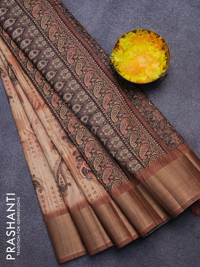 Semi matka saree sandal and rustic brown with allover prints and zari woven border