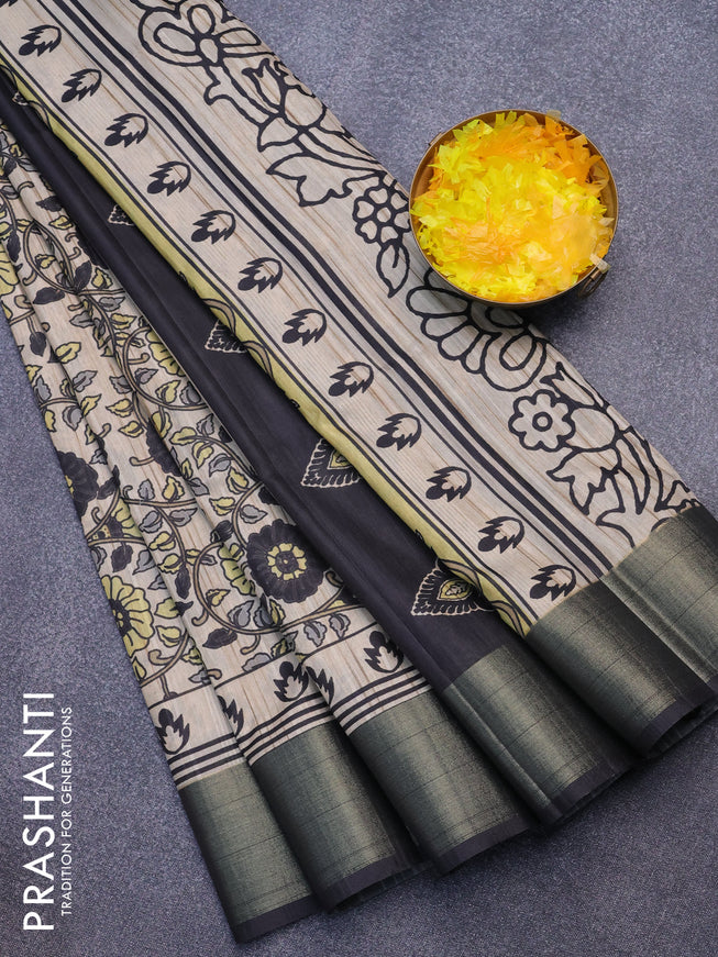 Semi matka saree beige and black with allover kalamkari prints and zari woven border