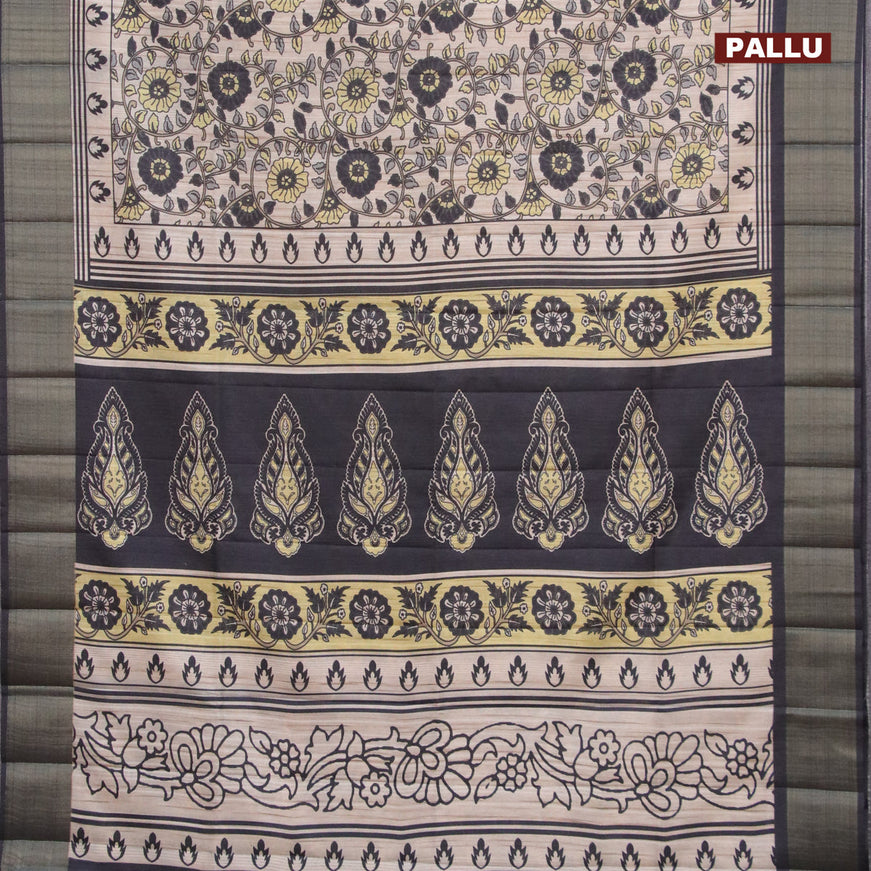 Semi matka saree beige and black with allover kalamkari prints and zari woven border