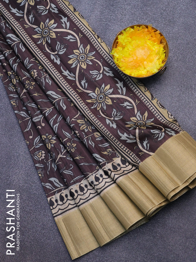 Semi matka saree coffee brown and sandal with allover prints and zari woven border