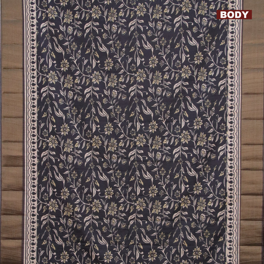 Semi matka saree black and brown with allover prints and zari woven border