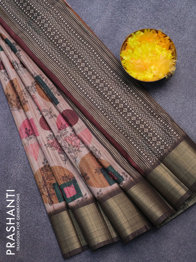 Semi matka saree pastel peach and brown with allover prints and zari woven border