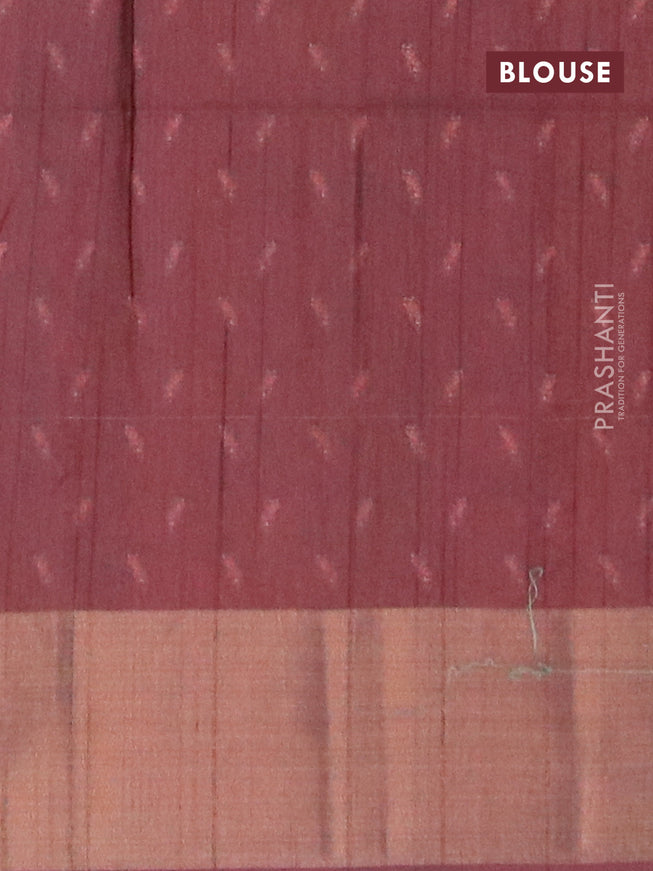 Semi matka saree light green and brown with allover prints and zari woven border