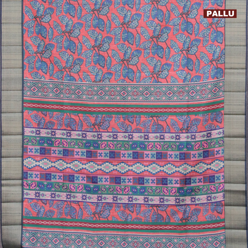 Semi matka saree peach red and dark peacock blue with allover prints and zari woven border