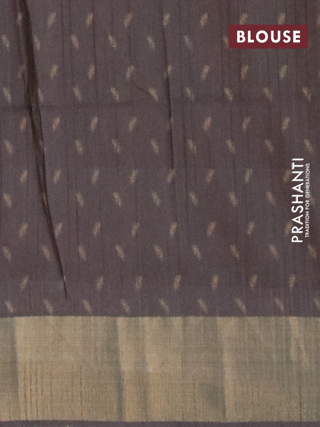 Semi matka saree greyish blue and dark olive green with allover prints and zari woven border