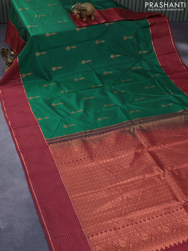 Bangalori silk saree green and maroon with copper zari woven buttas and copper zari woven simple border