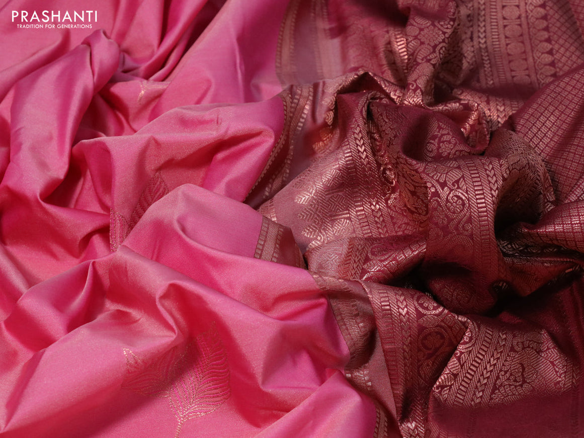 Bangalori silk saree light pink and maroon with copper zari woven leaf buttas and copper zari woven border