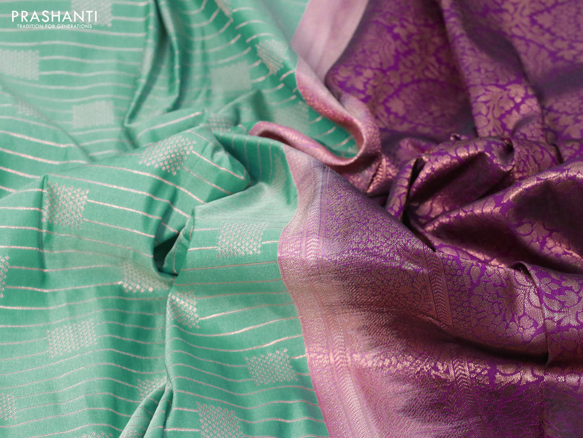 Bangalori silk saree teal blue and deep purple with allover zari woven stripes pattern & buttas and copper zari woven border