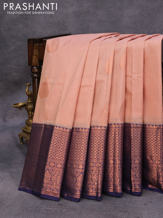 Bangalori silk saree peach shade and dark blue with copper zari woven buttas and long copper zari woven border