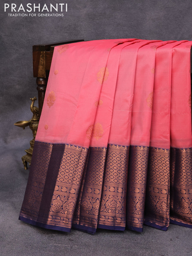 Bangalori silk saree pink shade and dark blue with copper zari woven buttas and long copper zari woven border