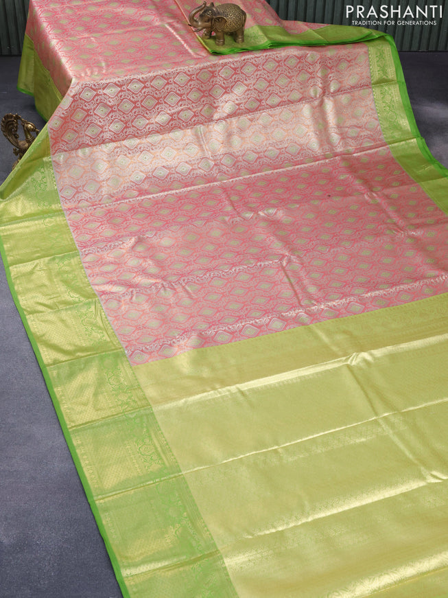 Bangalori tissue silk saree pink shade and light green with allover zari woven brocade weaves and zari woven border