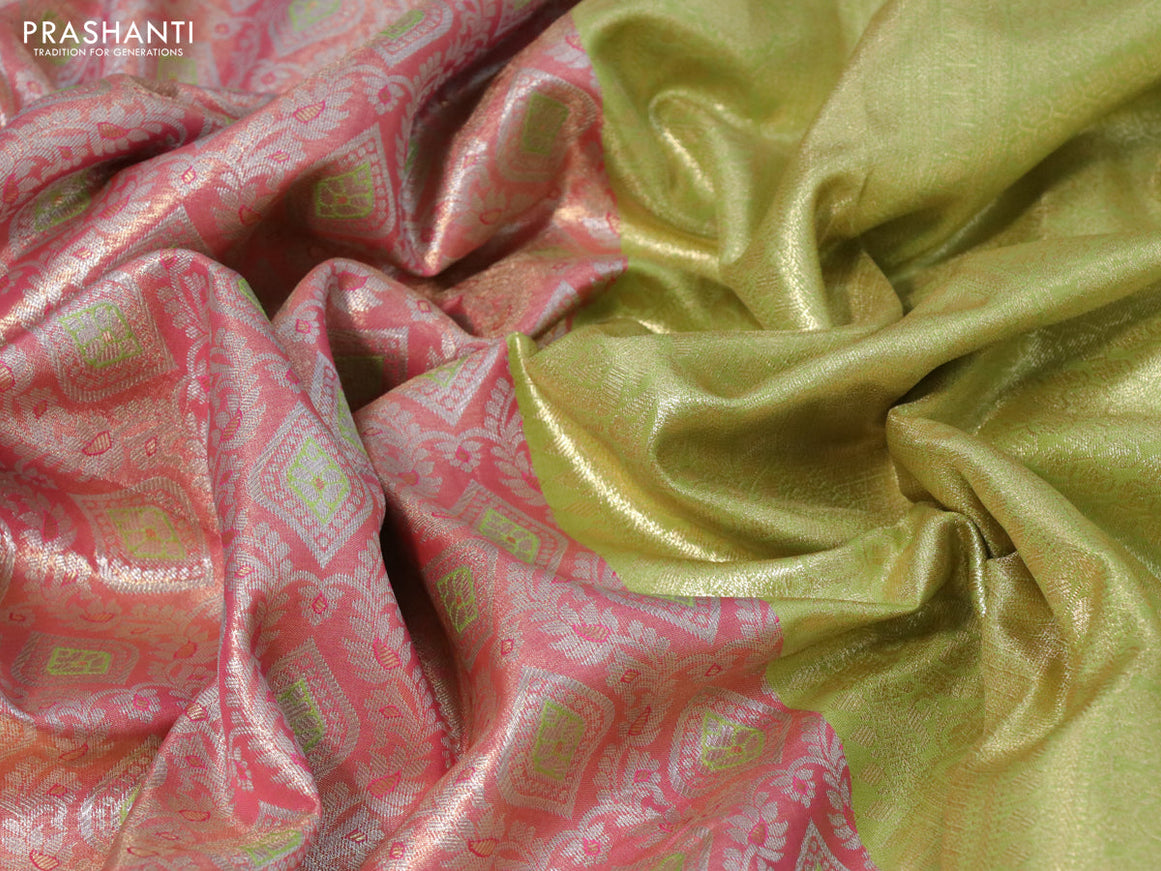Bangalori tissue silk saree pink shade and light green with allover zari woven brocade weaves and zari woven border