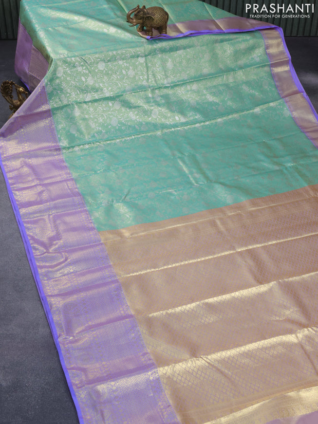 Bangalori tissue silk saree green shade and violet with allover silver zari woven brocade weaves and long zari woven border