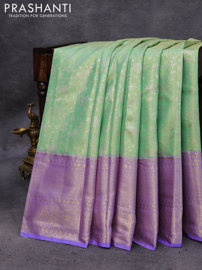 Bangalori tissue silk saree pista green and lavender shade with allover silver zari woven brocade weaves and long zari woven border