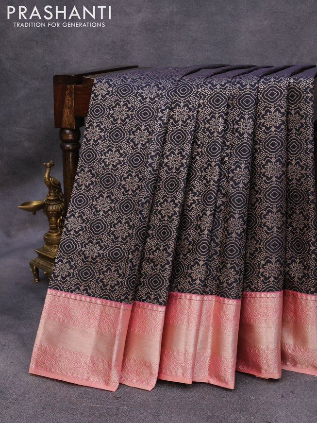 Bangalori silk saree black and peach shade with allover silver zari woven brocade weaves and silver zari woven border