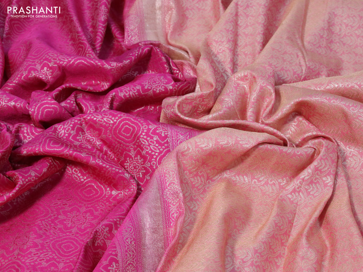 Bangalori silk saree magenta pink and peach shade with allover silver zari woven brocade weaves and silver zari woven border
