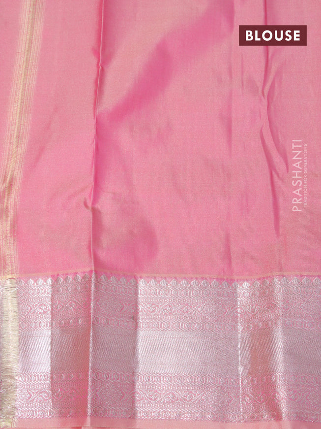 Bangalori silk saree magenta pink and peach shade with allover silver zari woven brocade weaves and silver zari woven border