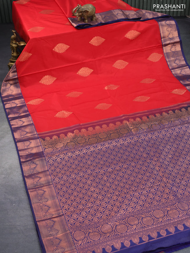 Bangalori silk saree red and blue with copper zari woven buttas and copper zari woven border