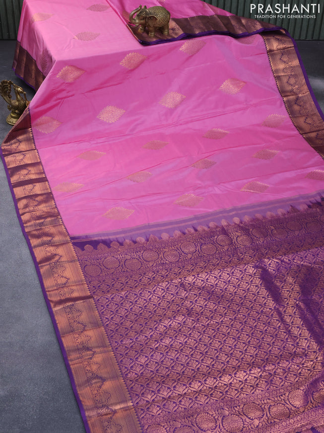 Bangalori silk saree pink and violet with copper zari woven buttas and copper zari woven border