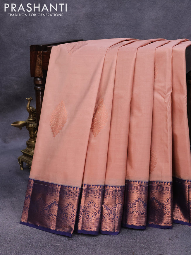 Bangalori silk saree sandal and blue with copper zari woven buttas and copper zari woven border