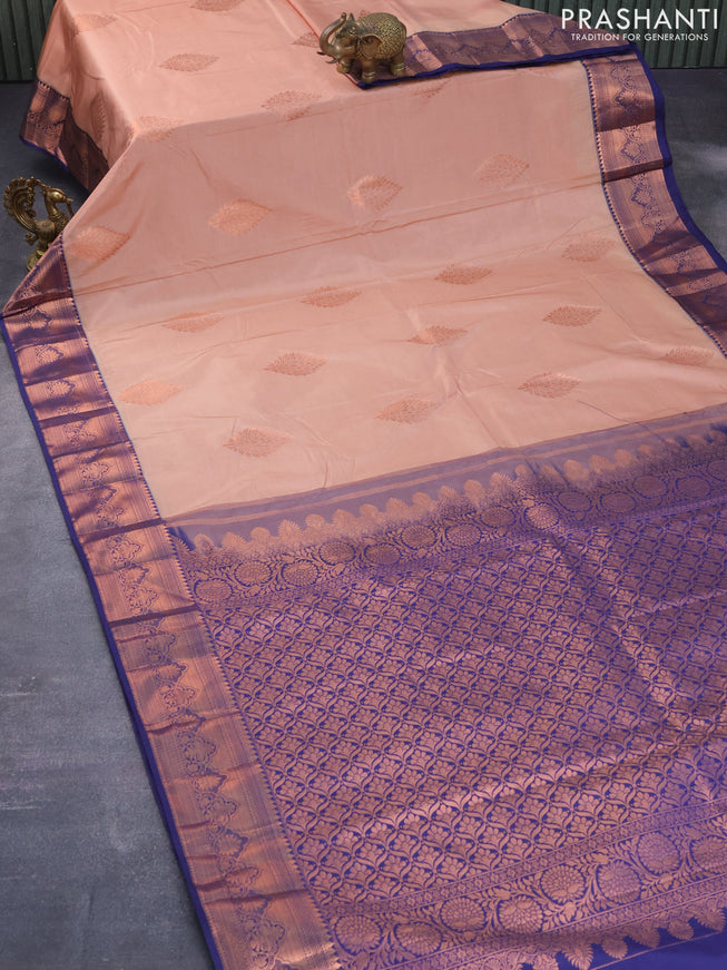 Bangalori silk saree sandal and blue with copper zari woven buttas and copper zari woven border