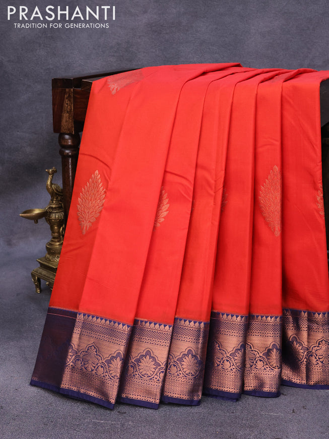 Bangalori silk saree orange and blue with copper zari woven buttas and copper zari woven border