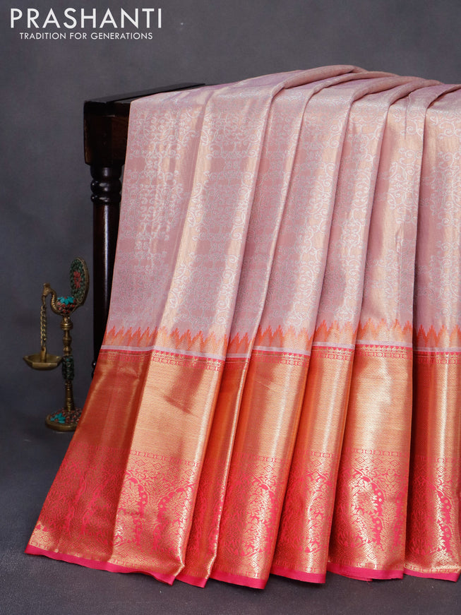 Bangalori tissue silk saree pastel pink and pink with allover silver zari woven brocade weaves and long zari woven border