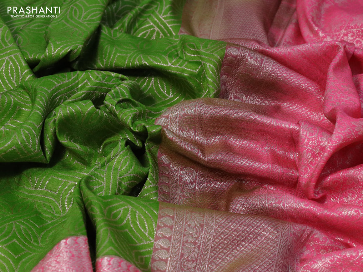 Bangalori silk saree green and light pink with allover silver zari woven brocade weaves and long silver zari woven border