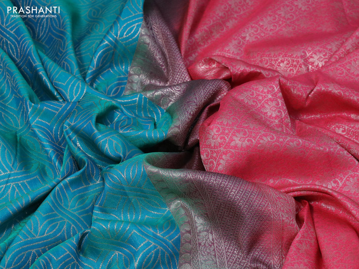 Bangalori silk saree dual shade of cs blue and pink shade with allover silver zari woven brocade weaves and long silver zari woven border