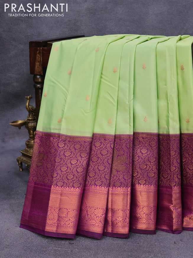 Bangalori silk saree pista green and deep purple with copper zari woven buttas and long copper zari woven border