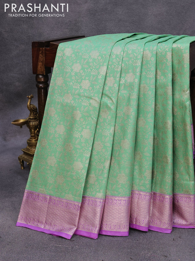 Bangalori silk saree teal green and lavender shade with allover silver zari woven brocade weaves and zari woven border