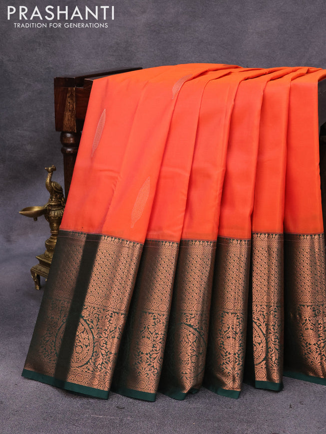 Bangalori silk saree orange and bottle green with copper zari woven buttas and long copper zari woven border