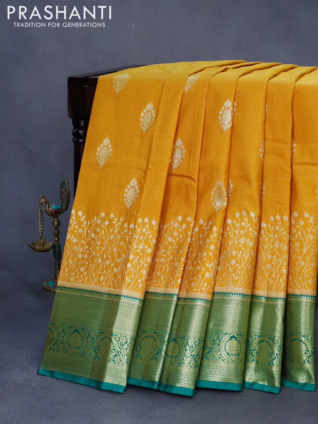 Bangalori silk saree mustard yellow and green with zari woven buttas and zari woven border