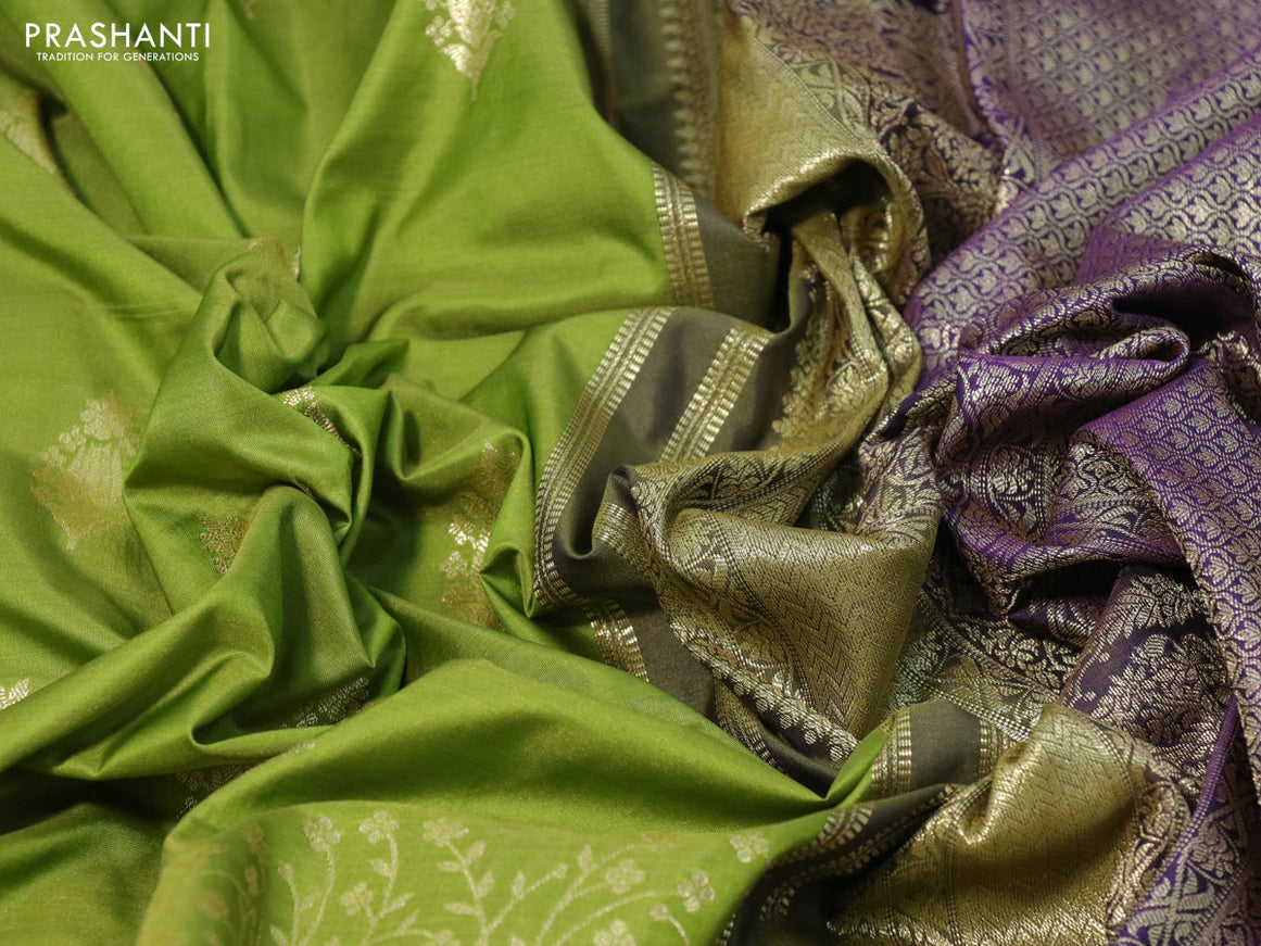 Bangalori silk saree green and deep violet with zari woven buttas and zari woven border