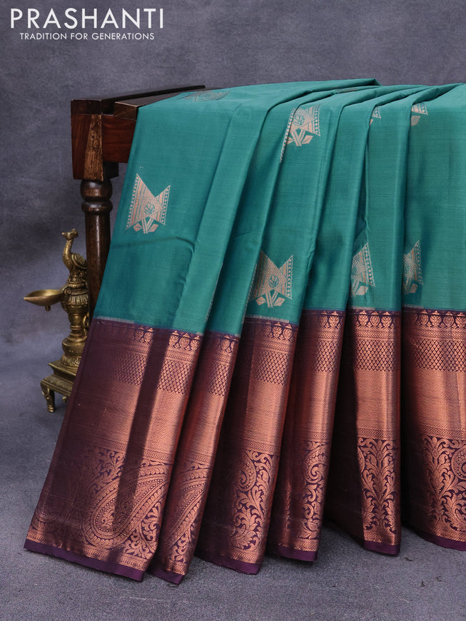 Bangalori silk saree teal blue and deep wine shade with copper zari woven buttas and long copper zari woven border