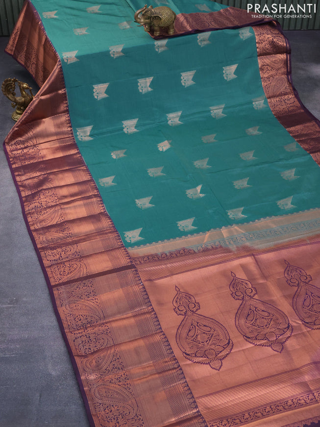 Bangalori silk saree teal blue and deep wine shade with copper zari woven buttas and long copper zari woven border